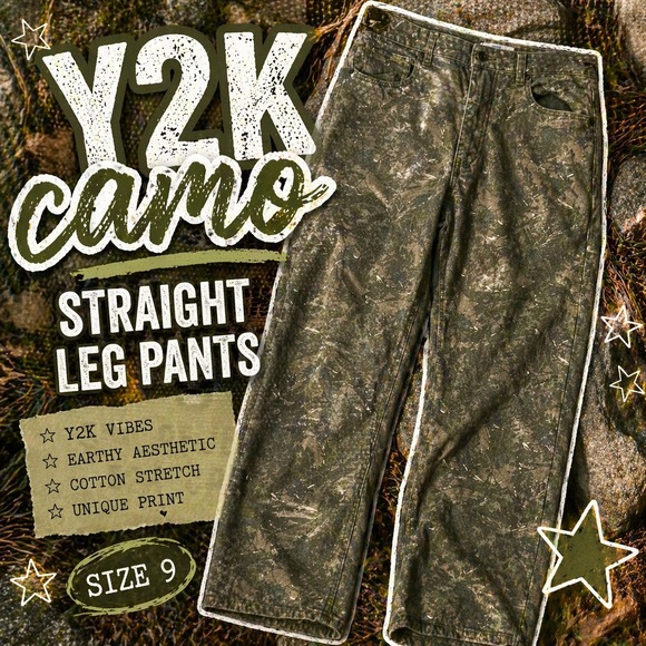 Cali 1850 Pants - Y2K Camp Print Straight Leg Women's Pants Size 9, Grunge/Outdoor Aesthetic‎